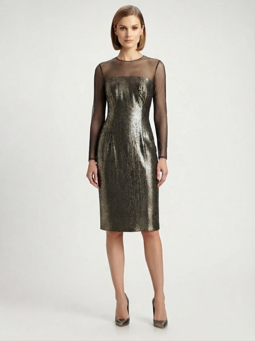 Mayda Cisneros Sheer Yoke sequined Sheath Dress S